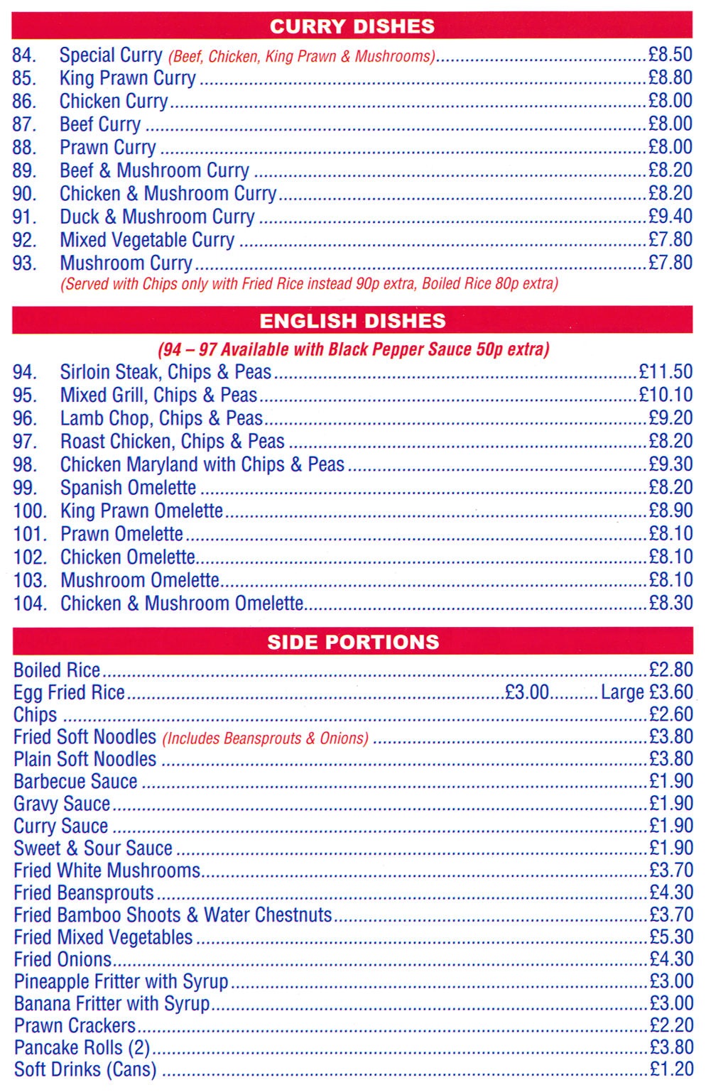 Menu for Classic Canton - Beef & Mushroomm Curry, Spanish Omelette, Egg Fried Rice, Chicken Curry, Banana Fritter, Pancake Rolls..