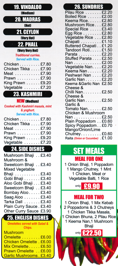 Menu for Clifton Food Court - Vindaloo, Ceylon, Madras, Phall, Kashmiri, Set Meals, Indian Sides..