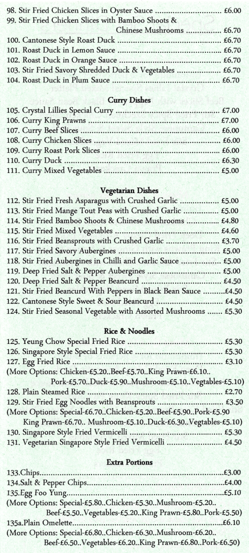 Takeaway menu for Crystal Lillies - Curry Beef Slices, Roast Duck in Plum Sauce, Cantonese Style Roast Duck, Egg Foo Yung, Egg Fried Rice..