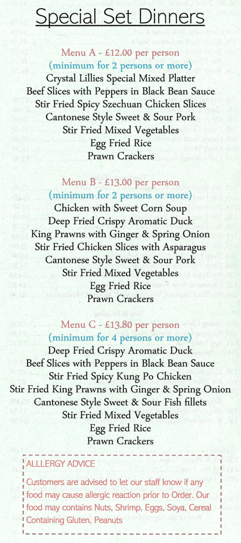 Takeaway menu for Crystal Lillies - Special Set Dinners