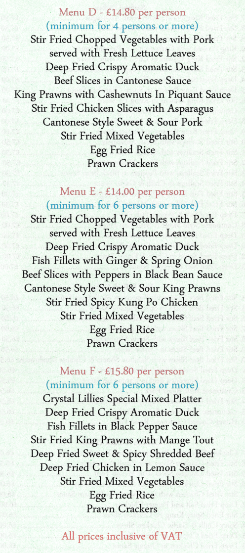 Takeaway menu for Crystal Lillies on Shelford Road in Radcliffe-On-Trent near Nottingham