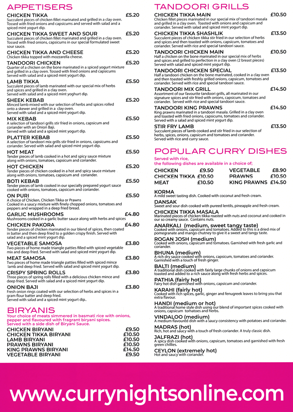 Menu for Curry Nites - Hot Chicken, Chicken Biryani, Sheek Kebab, Chicken Tikka and Cheese, Meat Samosa, Korma, Madras, Tandoori Chicken, Balti, Chicken Tikka Masala, Jalfrezi, Ceylon, Bhuna..