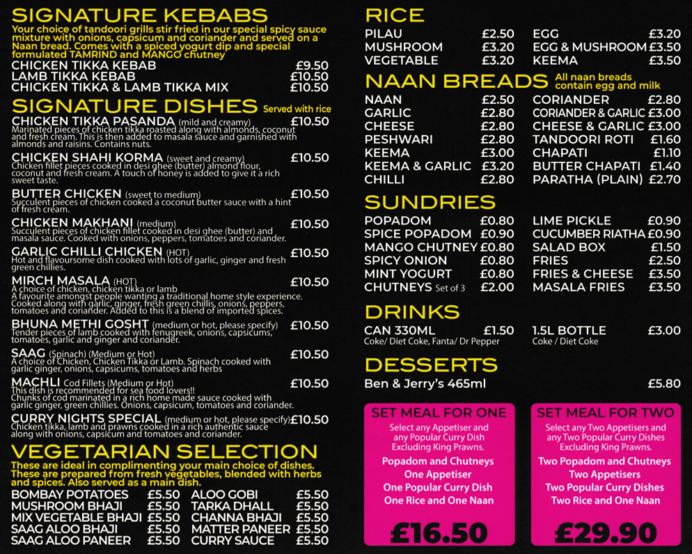 Menu for Curry Nites - Butter Chicken, Mirch Masala, Saag, Chicken Makhani, Rice, Naan Breads, Sundries, Desserts, Drinks, Set Meals. Indian food takeaway in Nottingham