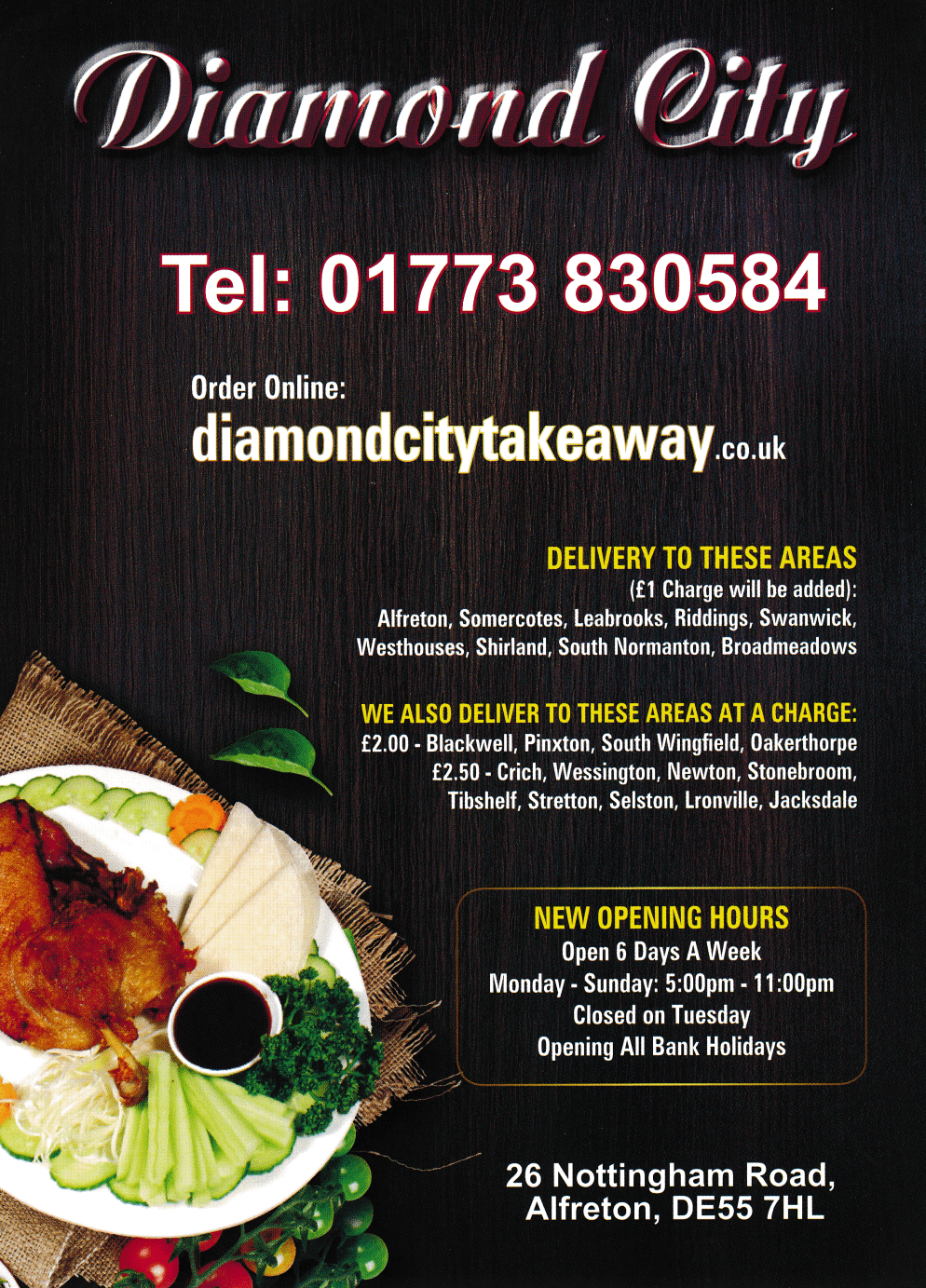 Menu for Diamond City Chinese takeaway in Alfrerton, Derbyshire DE55 7HL