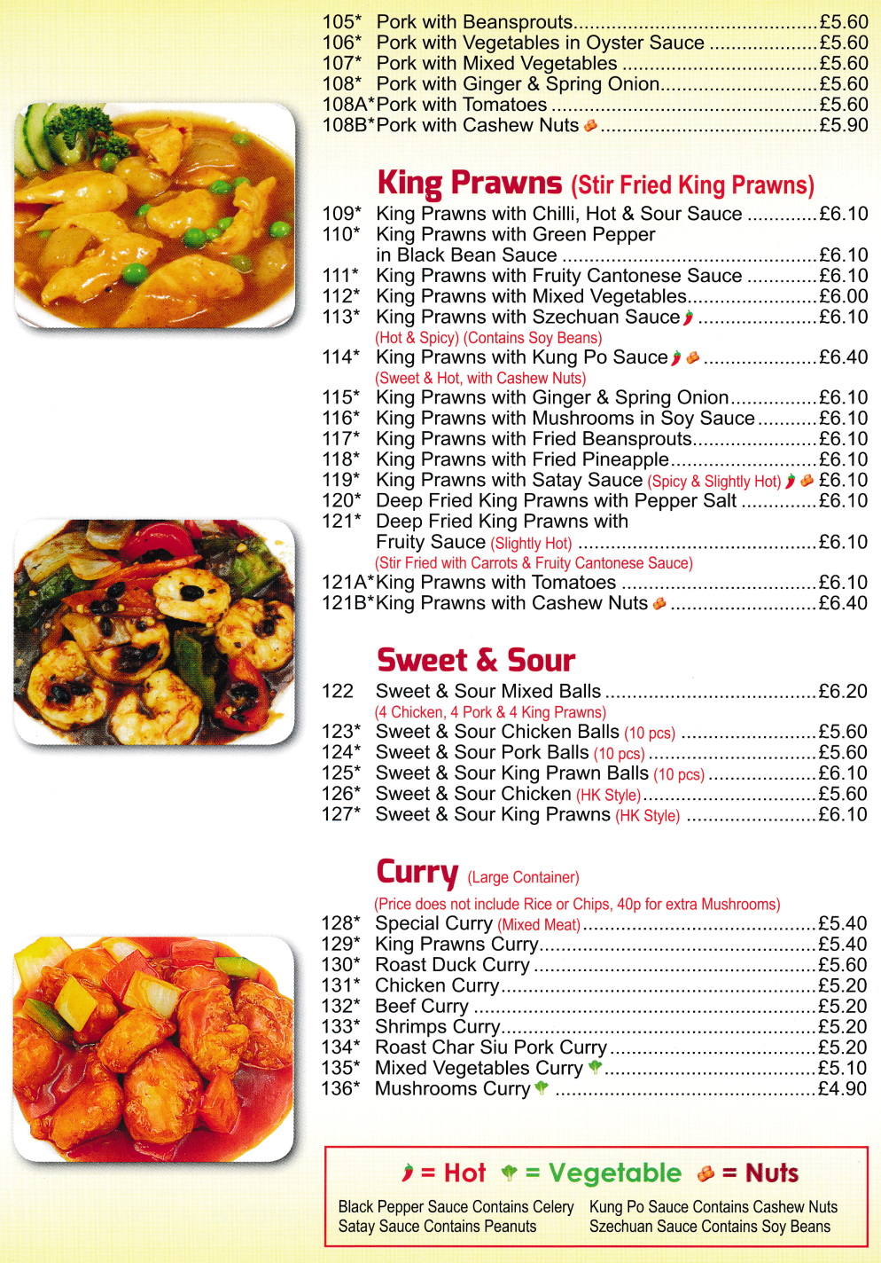 Menu for Diamond City - Sweet & Sour Pork Balls, King Prawn with Satay Sauce, Pork with Cashew Nuts, Chicken Curry..