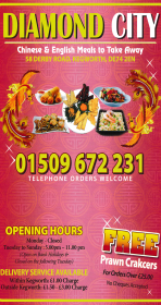 Menu for Diamond City Chinese takeaway on Derby Road in Kegworth near Nottingham