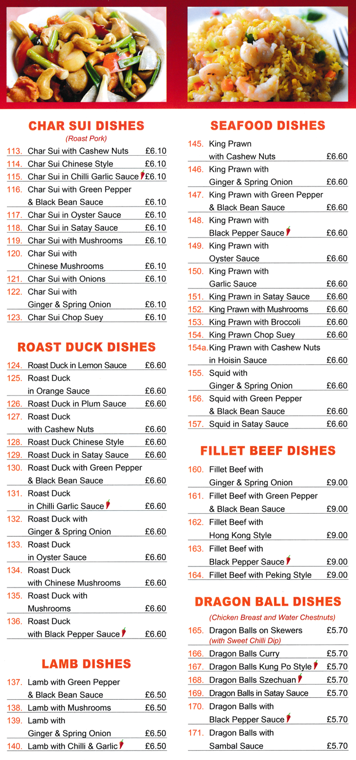 Menu for Fortune Kitchen Chinese takeaway in Stapleford - dishes include; Roast Duck in Orange Sauce, Char Sui Chinese Style, Dragon Balls on Skewers, Squid in Satay Sauce, Fillet Beef with Hong Kong Style..