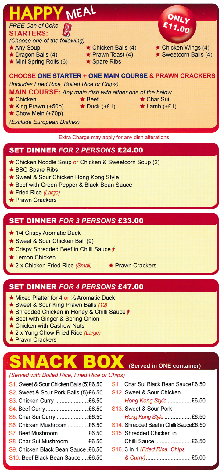 Menu for Fortune Kitchen Chinese takeaway in Stapleford near Nottingham - Set Dinners, Happy Meals, Snack Boxes.