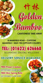 Menu for Golden Bamboo Chinese and Cantonese food takeaway in Clipstone