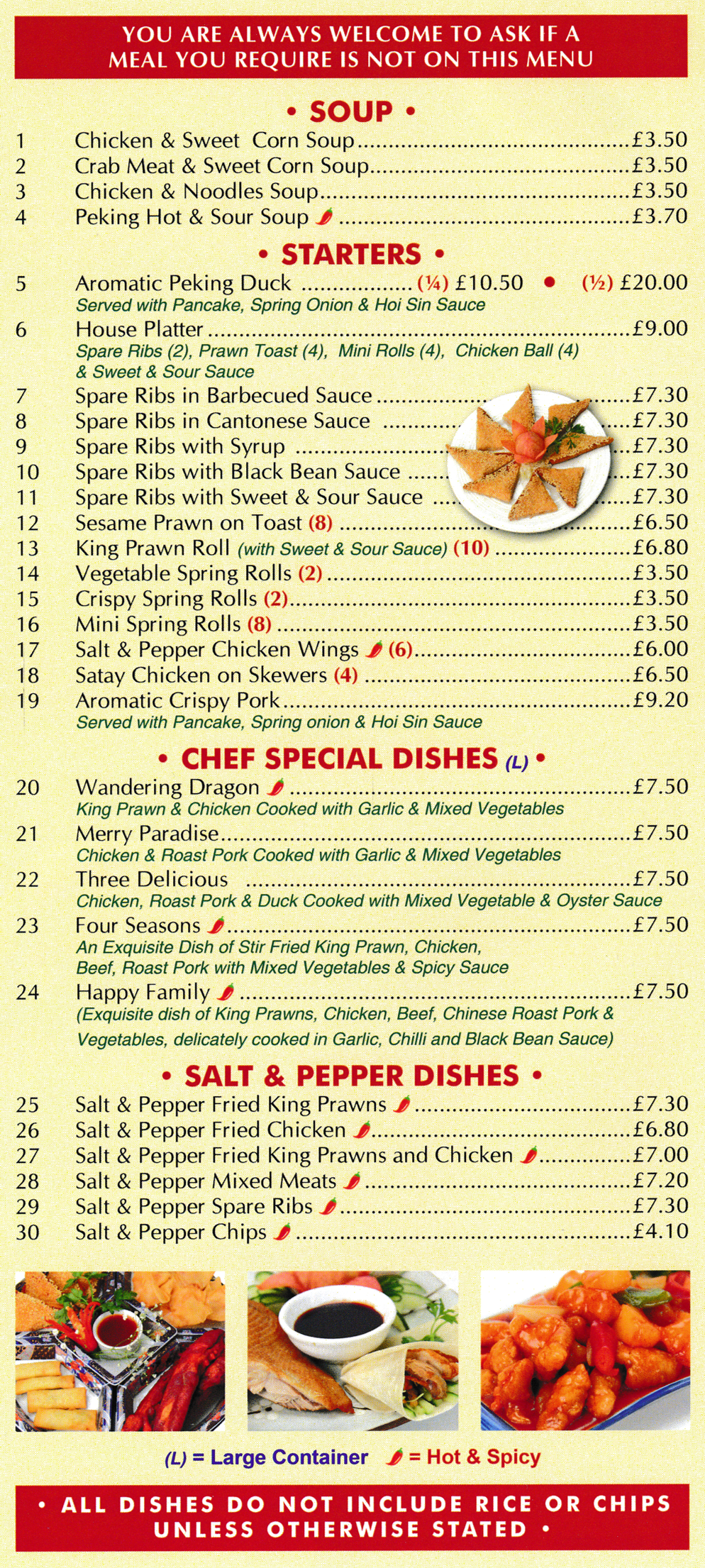 Menu for Golden Bamboo Chinese takeaway, dishes include; Spare Ribs in Barbequed Sauce, Sesame Prawn on Toast, Aromatic Crispy Duck, Vegetable Spring Rolls, Happy Family, Wandering Dragon, Merry Paradise, Salt & Pepper Fried King Prawns..