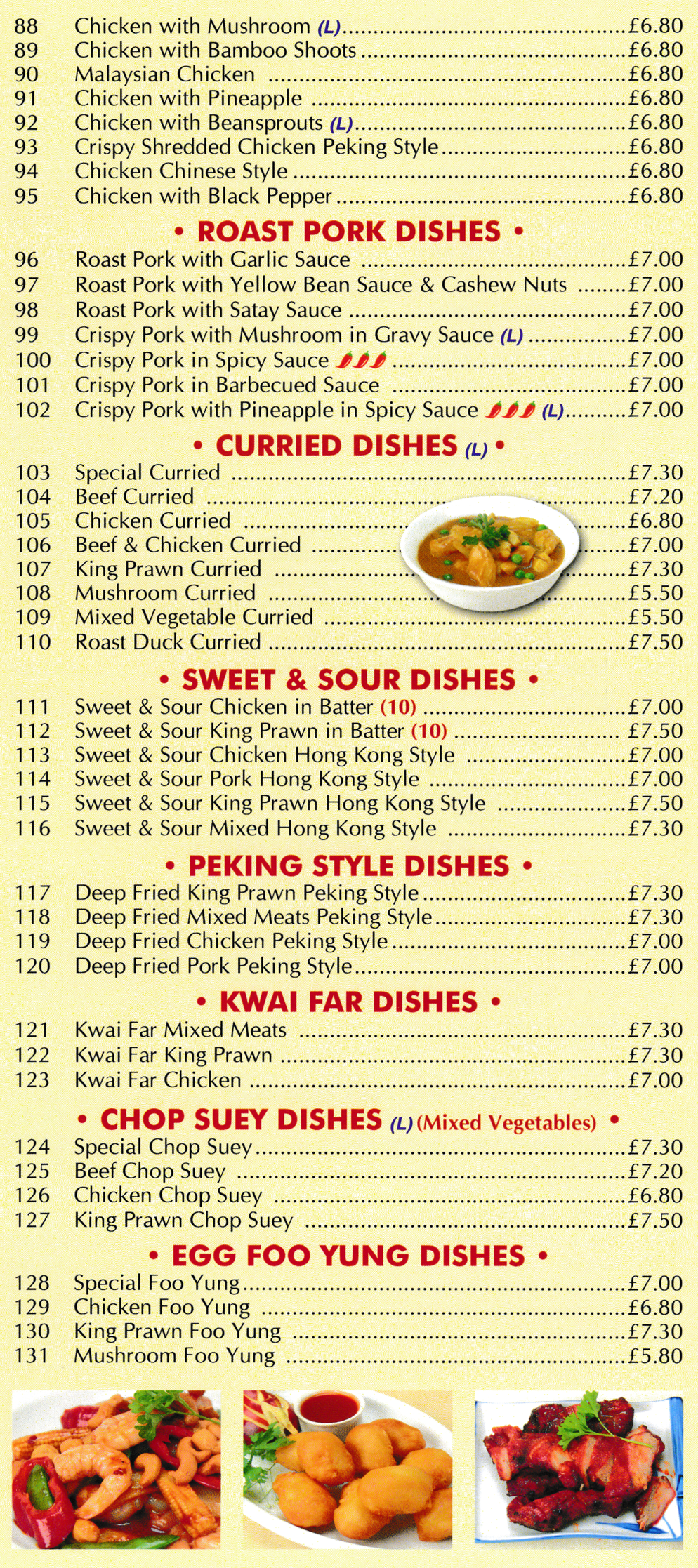 Menu for Golden Bamboo Chinese takeaway, dishes include; Sweet & Sour Chicken in Batter, Special Egg Foo Yung, Kwai Far Chicken, King Prawn Chop Suey, Curried Chicken, Crispy Pork with Pineapple in Spicy Sauce, Chicken Chinese Style..