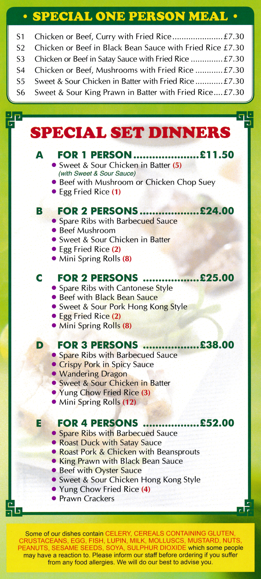 Menu for Golden Bamboo Chinese takeaway, dishes include; Special Set Dinners. Order your favourite Chinese takeaway food for delivery in Clipstone tonight!