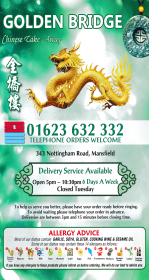Menu for Golden Bridge Chinese takeaway on Nottingham Road in Mansfield NG18 4SG