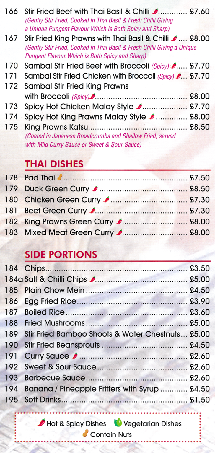 Menu for Golden Bridge Chinese takeaway in Mansfield - dishes include; King Prawns Katsu, Beef Green Curry, Pad Thai, Duck Thai Green Curry..