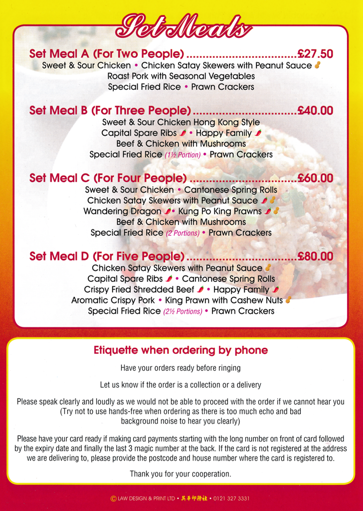 Menu for Golden Bridge Chinese food takeaway and delivery on Nottingham Road in Mansfield - Set Meals