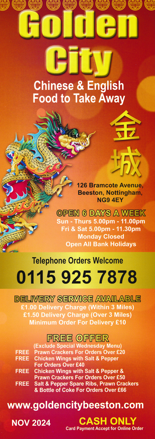 Menu for Golden City Chinese food takeaway on Bramcote Avenue in Beeston near Nottingham NG9 4EY