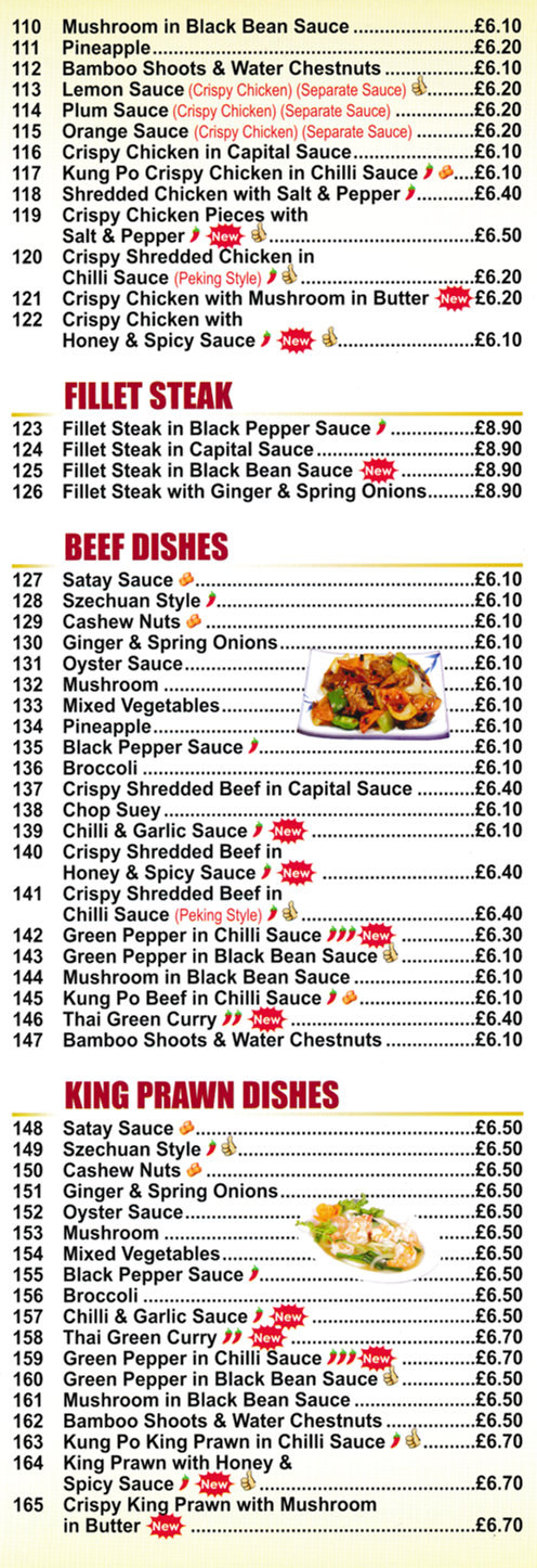 Menu for Golden City - Fillet Steak in Capital Sauce, Beef in Oyster Sauce, Thai Green Curry, Crispy Shredded Beef, Chicken in Lemon Sauce, Chicken Szechuan Style..