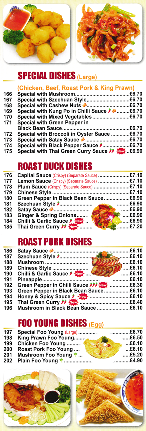 Menu for Golden City - King Prawn in Satay Sauce, Roast Duck Thai Green Curry, Roast Pork Chinese Style, Mushroom Foo Yung, Kung Po King Prawn in Chilli Sauce..