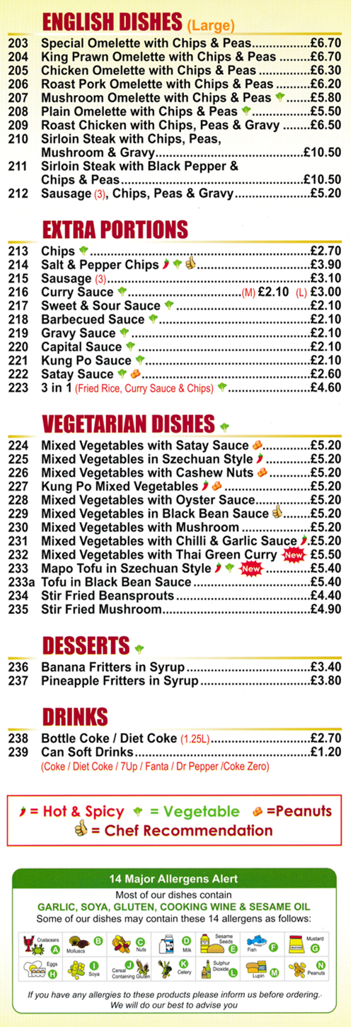 Menu for Golden City - English Dishes, Vegetarian Dishes, Desserts - Chinese food takeaway in Chilwell near Nottingham