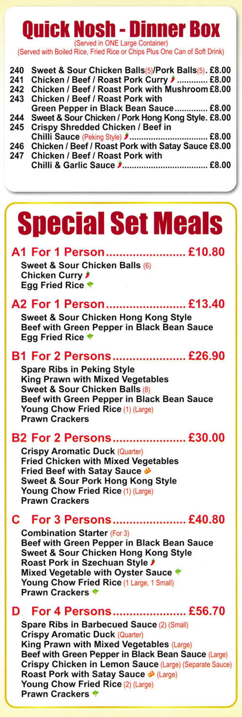 Menu for Golden City - Special Set Dinners, Dinner Boxes - Chinese food takeaway and delivery.