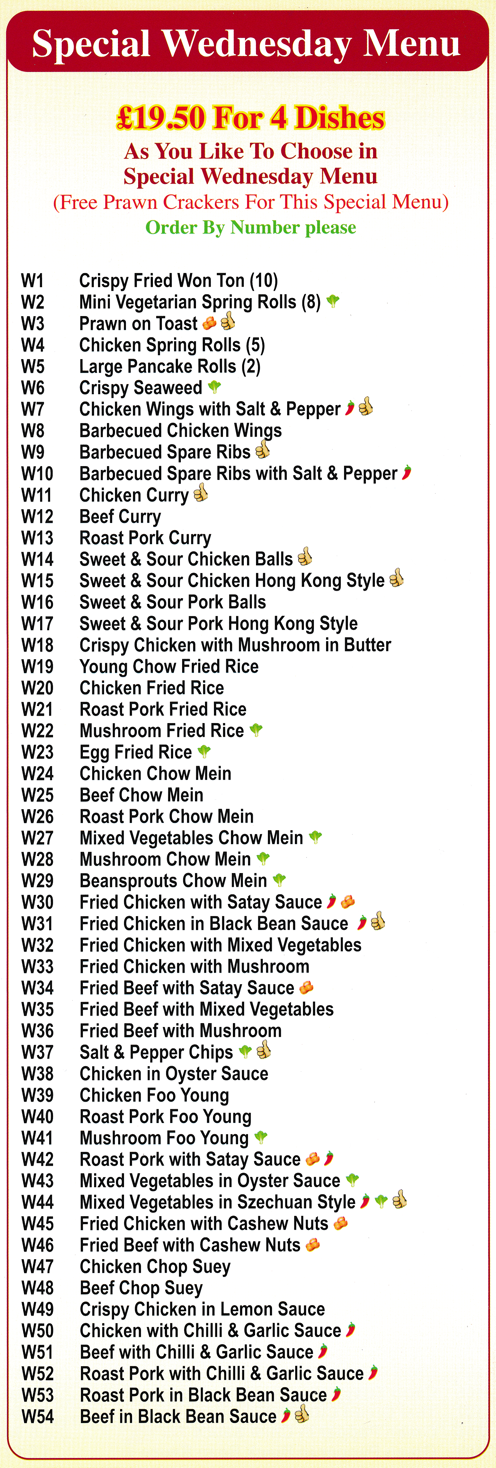 Menu for Golden City Chinese cuisine takeaway or delivery in Beeston - Special Wednesday Meal