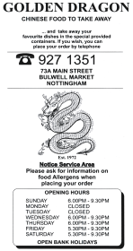 Menu for Golden Dragon Chinese food takeaway on Main Street in Bulwell near Nottingham NG6 8QD