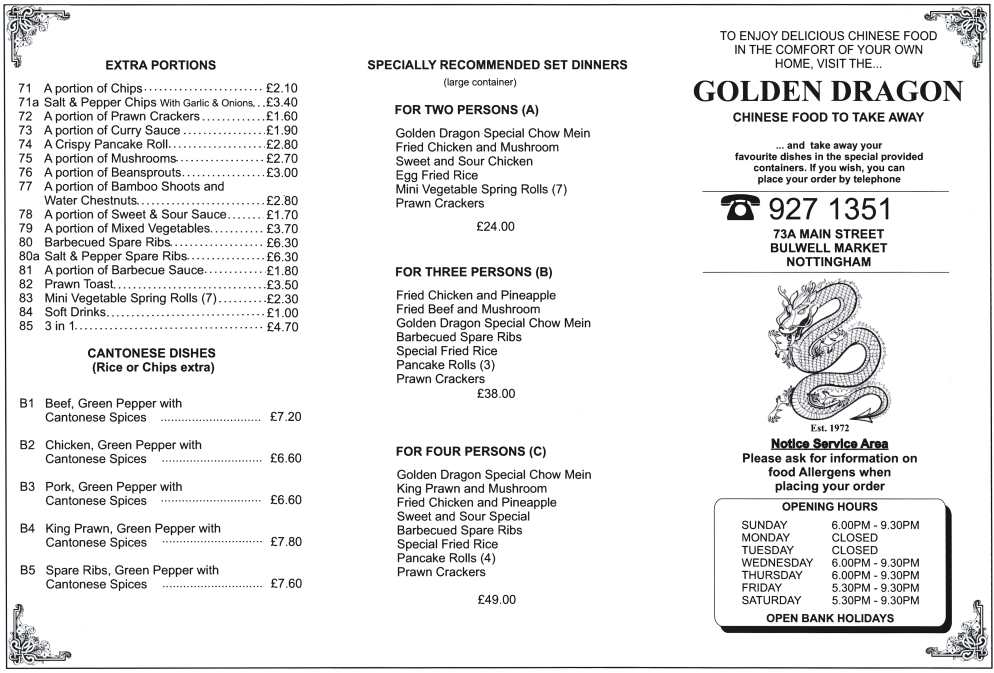 Menu for Golden Dragon Chinese and Cantonese cuisine takeaway in Bulwell near Nottingham