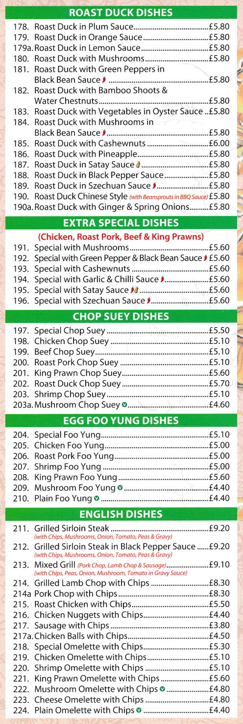 Menu for Golden Dragon - Roast Duck in Orange Sauce, Chicken Chop Suey, Mushroom Foo Yung, English Dishes..