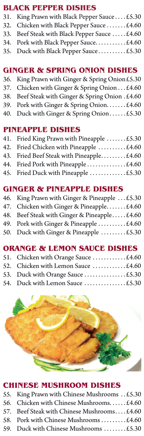 Menu for Golden Harvest Chinese takeaway (Ginger & Spring Onion, Orange & Lemon Sauce, Chinese Mushroom, Black Pepper dishes)