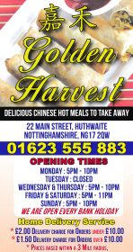 Menu for Golden Harvest Chinese takeaway on Main Street in Huthwaite near Sutton-In-Ashfield NG17 2QW