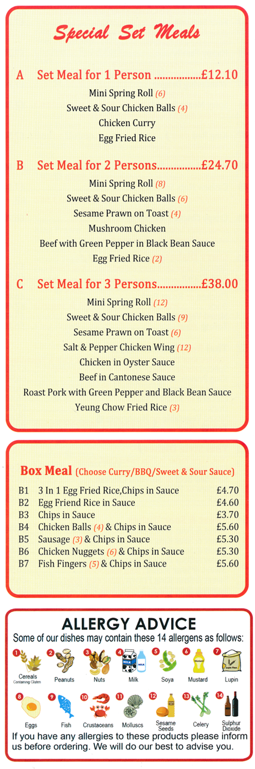 Menu for Golden Lantern Chinese takeaway on Loscoe Road in Heanor - Special Set Meals, Box Meals.