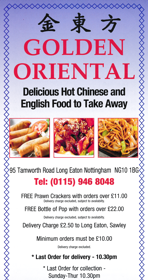 Menu for Golden Oriental Chinese takeaway in Long Eaton