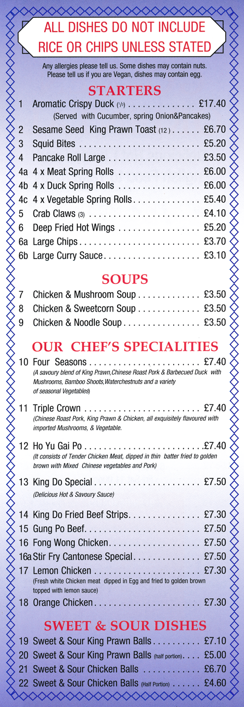 Menu for Golden Oriental in Long Eaton. Dishes include; Duck Spring Rolls, Aromatic Crispy Duck, Four Seasons, Lemon Chicken, Triple Crownb, Ho Yu Gai Po..