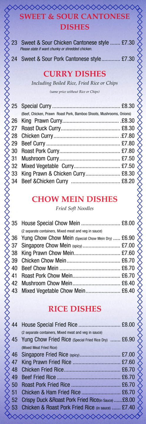 Menu for Golden Oriental in Long Eaton. Dishes include; King Prawn Curry, Sweet & Sour Pork Cantonese Style, Chicken Chow Mein, Roast Pork Fried Rice..