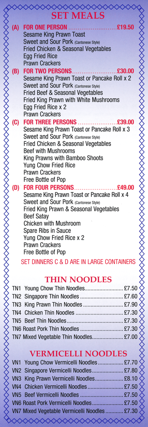 Menu for Golden Oriental Chinese and Cantonese food takeaway and delivery in Long Eaton - Set Meals
