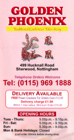 Menu for Golden Phoenix Chinese takeaway on Hucknall Road in Sherwood, Nottingham NG5 1FW