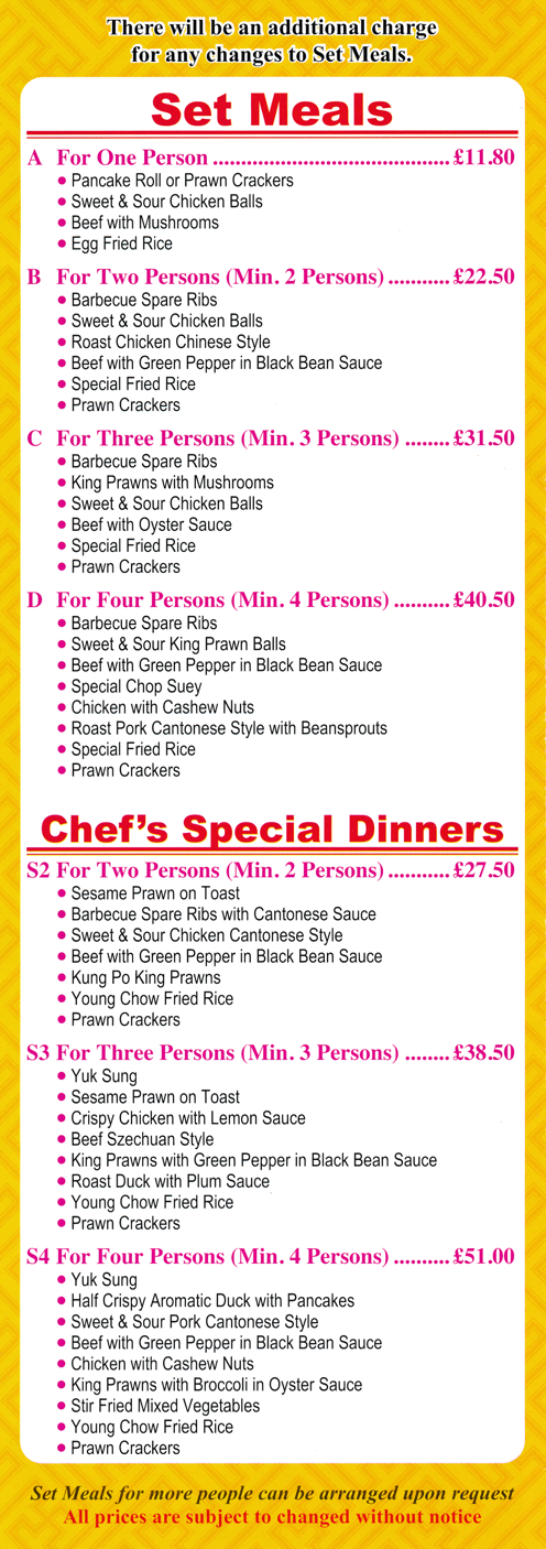 Menu for Golden Wok in Arnold - Set Meals, Chef's Special Dinners..