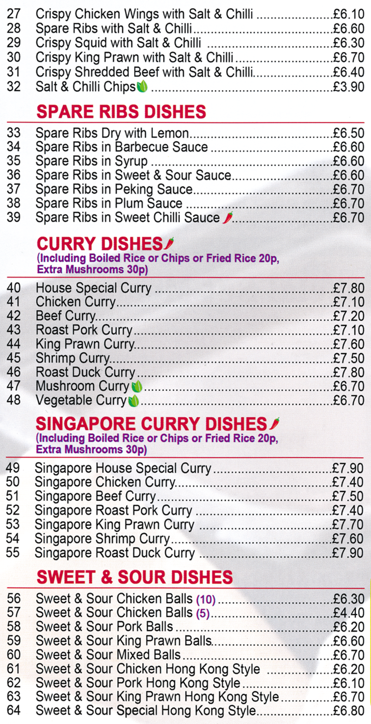 Menu for Good Earth Chinese takeaway in Mansfield - dishes include; Singapore King Prawn Curry, Spare Ribs in Plum Sauce, Sweet & Sour Pork Balls..