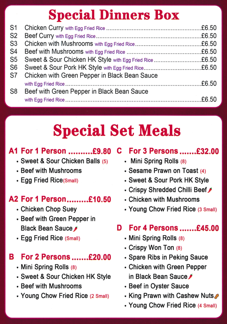 Menu for Good Earth Takeaway and delivery menu for Good Earth on Wood Street in Mansfield - Special Dinner Boxes, Special Set Meals