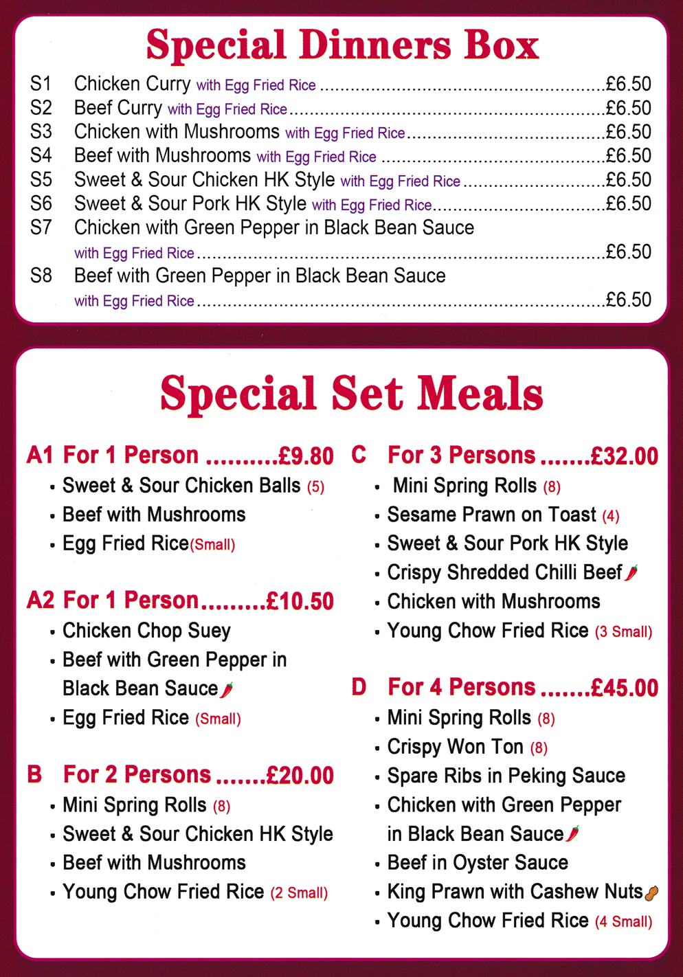 Menu for Good Earth Takeaway and delivery menu for Good Earth on Wood Street in Mansfield - Special Dinner Boxes, Special Set Meals