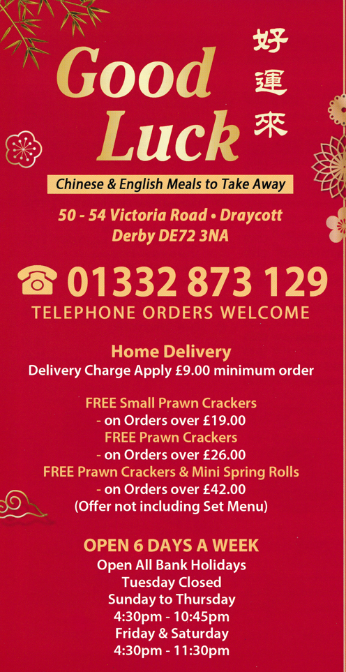 Takeaway menu for Good Luck in Draycott DE72 3NA