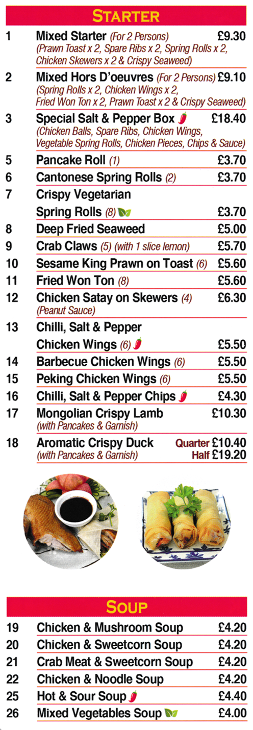 Menu for Good Luck Chinese takeaway (Aromatic Crispy Duck, Crab Claws, Yuk Sung, Spring Rolls, Pancake Roll, Peking Chicken Wings..)