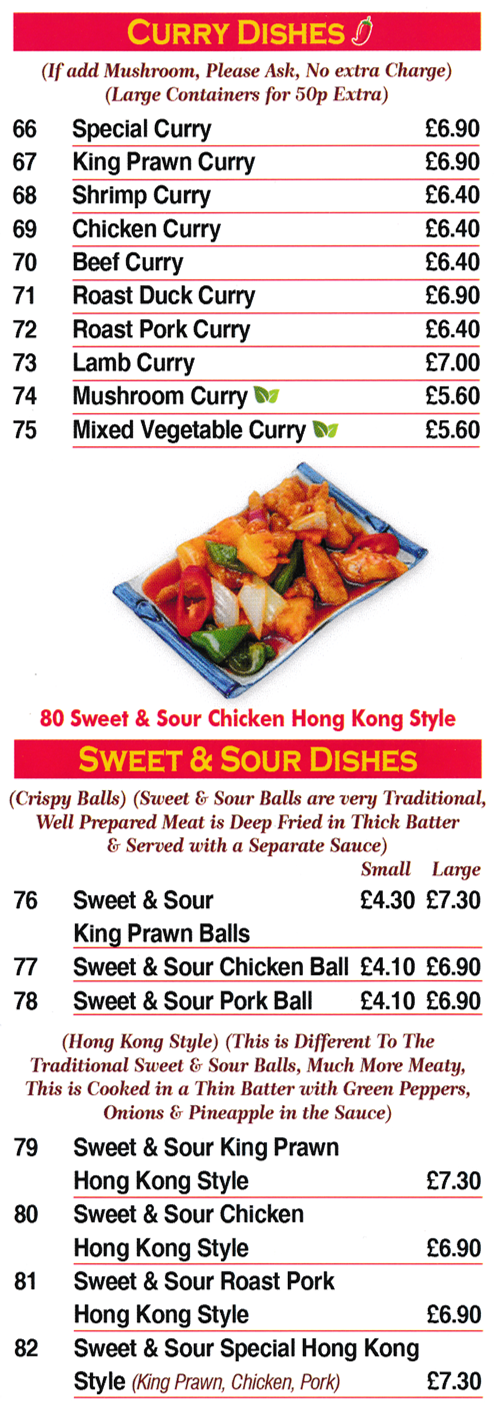 Menu for Good Luck - dishes include; Sweet & Sour Pork Balls, Lamb Curry, Roast Duck Curry, Sweet & Sour Chicken Hong Kong Style..
