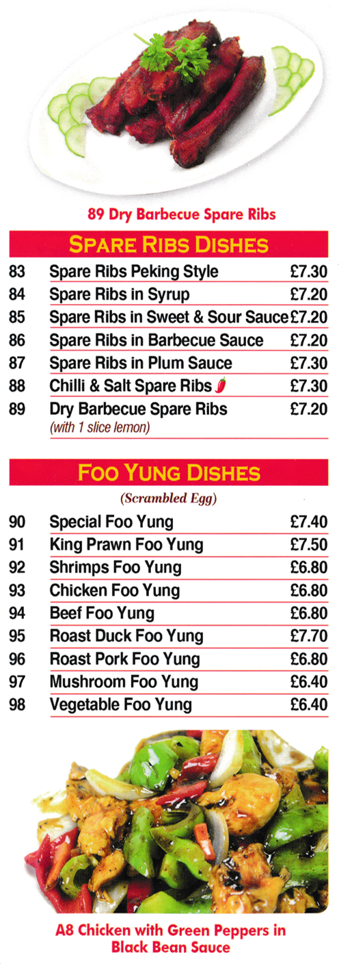 Menu for Good Luck Chinese takeaway - dishes include; Spare Ribs Peking Style, Chicken Foo Yung, Spare Ribs in Plum Sauce, Mushroom Foo Yung..