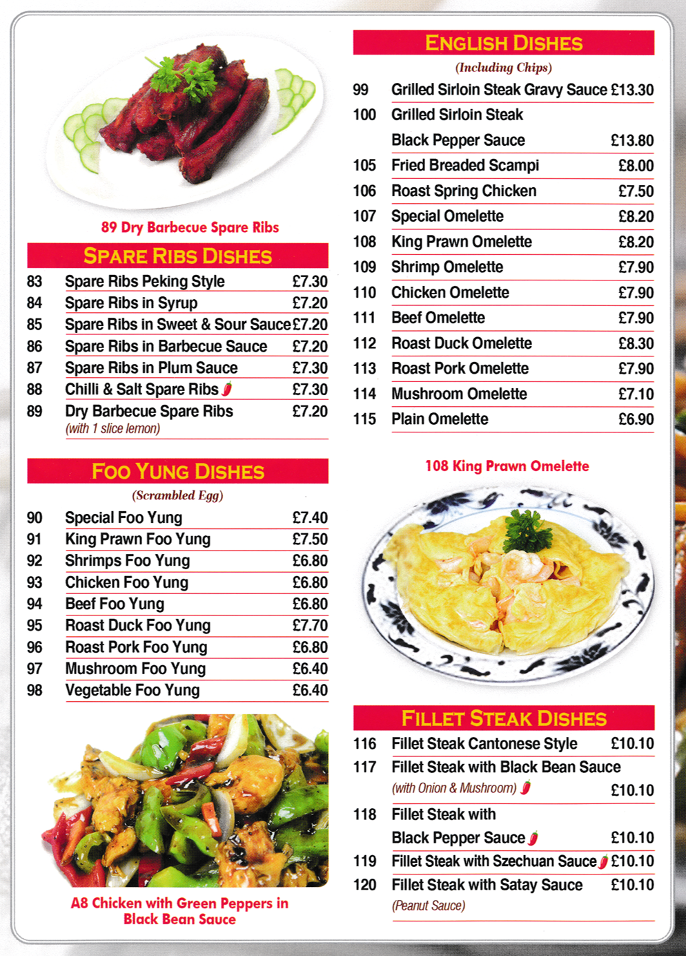 Menu for Good Luck Chinese takeaway in Draycott - dishes include; Spare Ribs Peking Style, King Prawn Foo Yung, Roast Spring Chicken, Fillet Steak Dishes..