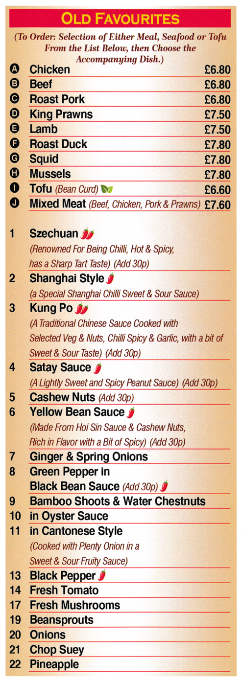 Menu for Good Luck Chinese takeaway (Szechuan, Satay, Cantonese Style, Cashew Nuts, Kung Po, Deep Fried Chicken with Lemon Sauce..)
