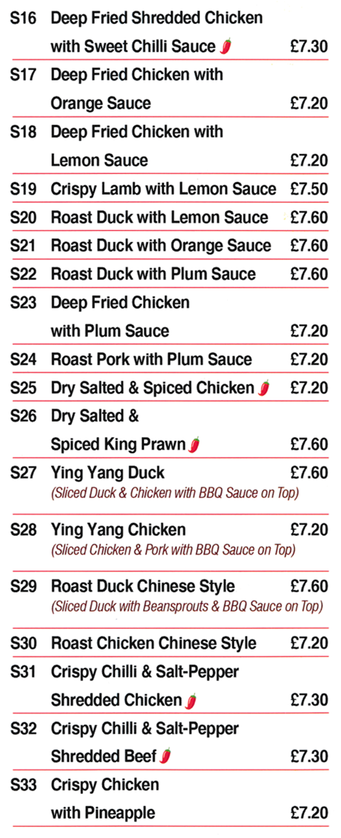 Menu for Good Luck in Draycott - Deep Fried Chicken with Lemon Sauce, Deep Fried Chicken with Plum Sauce, Deep Fried Chicken with Orange Sauce..)