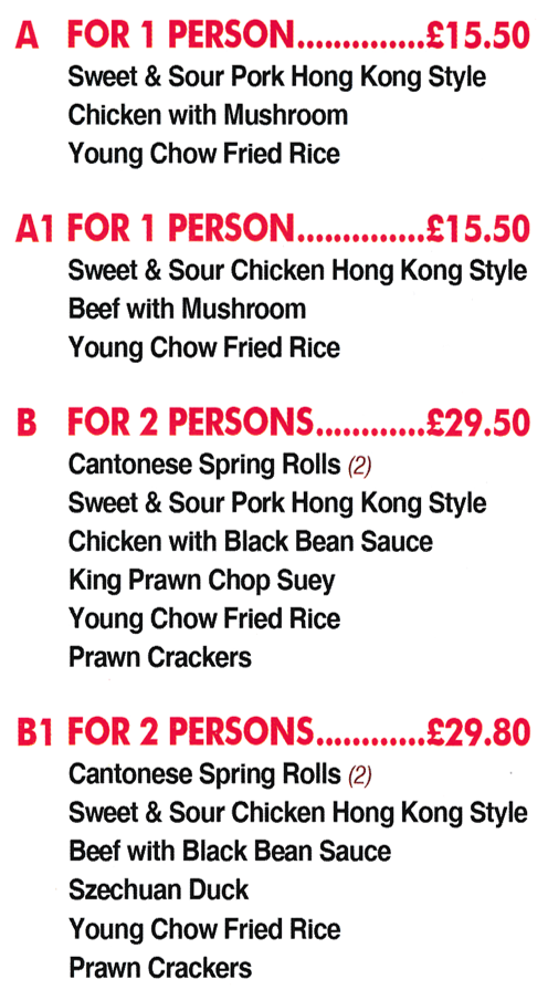 Menu for Good Luck (Set Meals)
