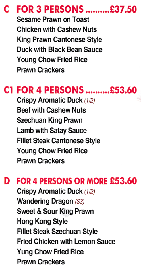 Menu for Good Luck (Set Meals)