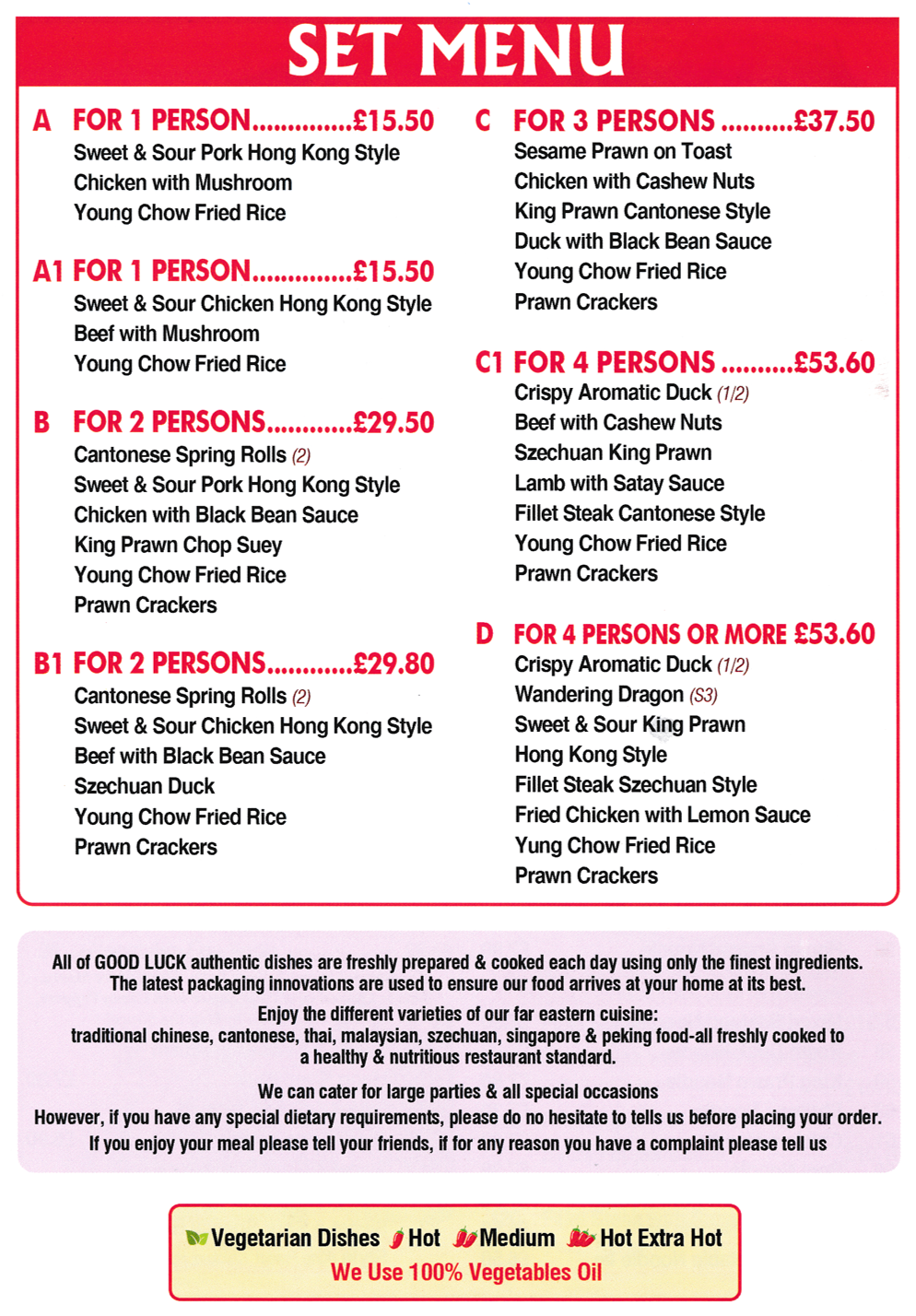 Menu for Good Luck Chinese takeaway in Draycott - Set Meals